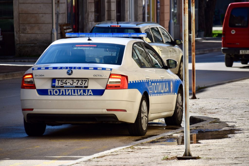 Trebinje, Bosnia and Herzegovina. March 4, 2020. Skoda Octavia Bosnian Police car. White and Blue.